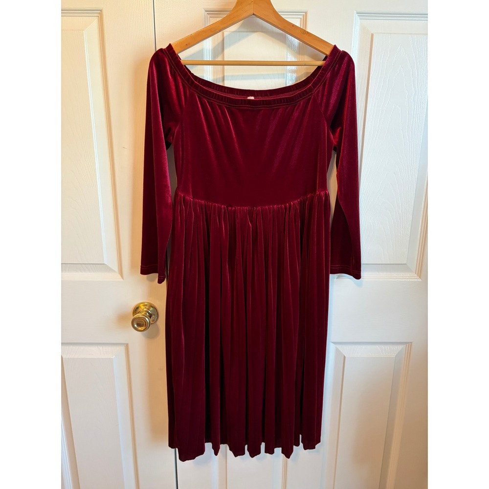 Pink Blush Burgundy Red Velvet Off The Shoulder Long Sleeve Midi Dress Large